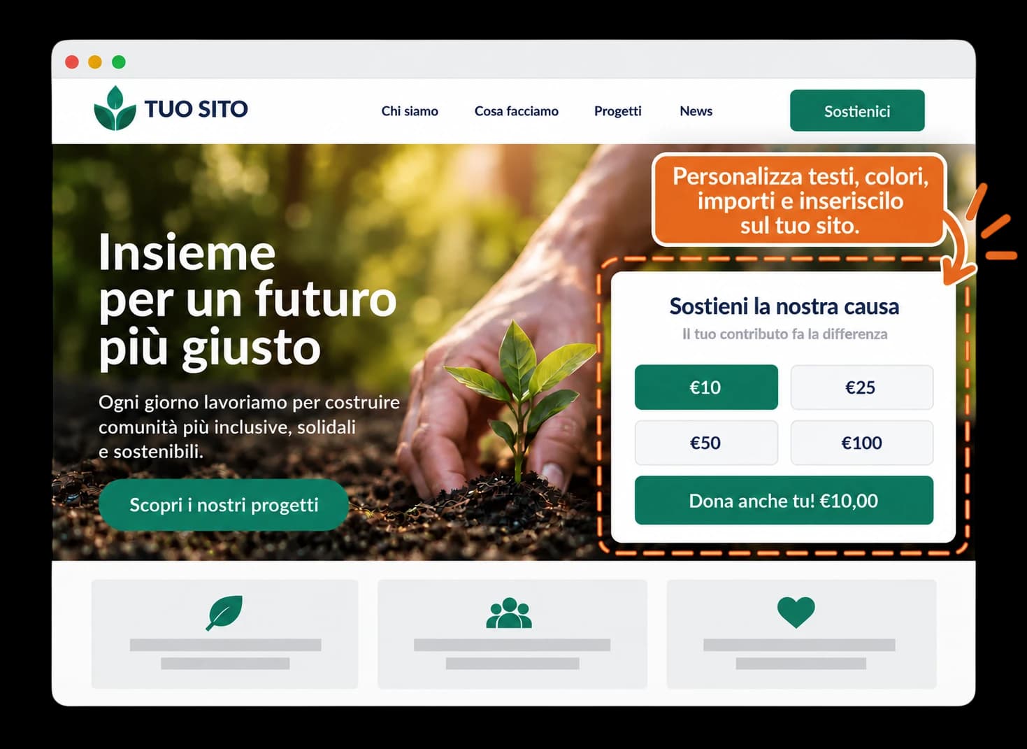 Esempio di sito web con il widget di donazione incorporato: testi, colori e importi si personalizzano